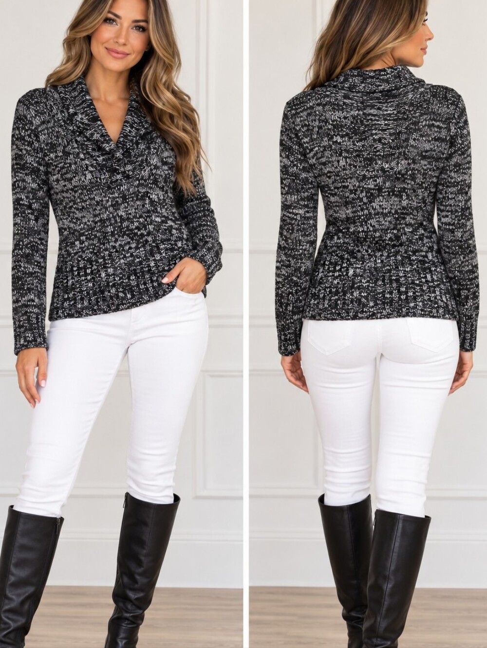 WHITE HOUSE / BLACK MARKET Cowl Neck Marled Sweater. Ribbed Hems. EUC